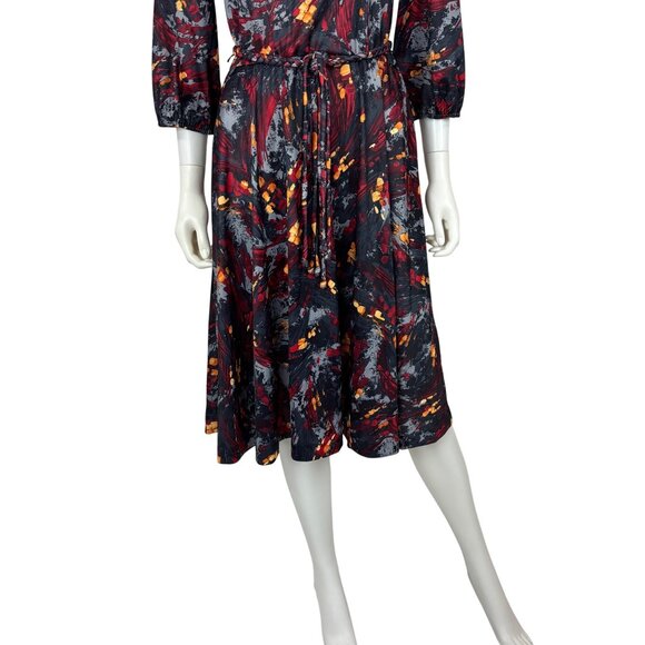 Vintage 70s Artsy Dress Womens Large Red Gray Abstract Print Braided Belt Fit An - Picture 6 of 11